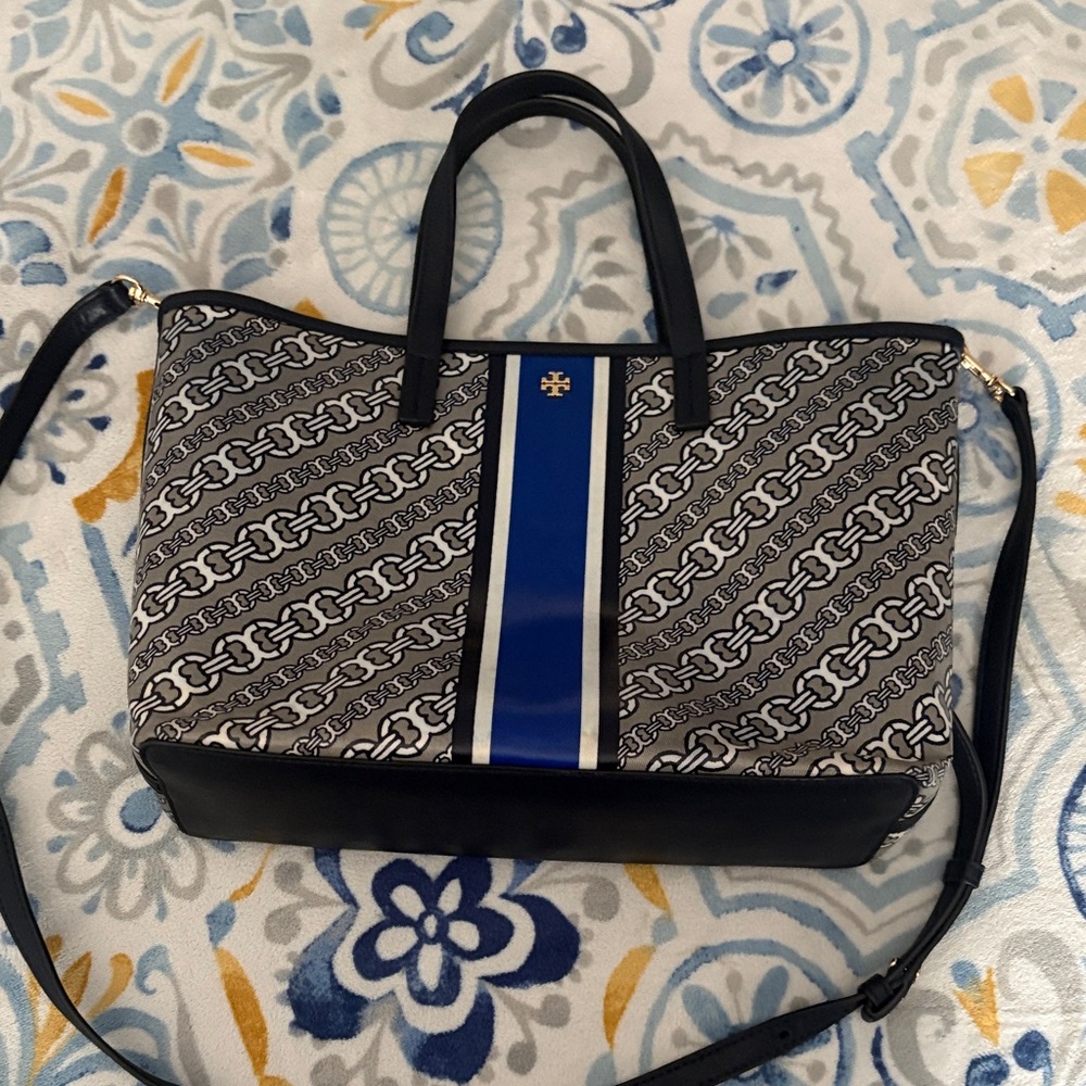 Tory Burch Gray Printed Tote with Blue Center Stripe